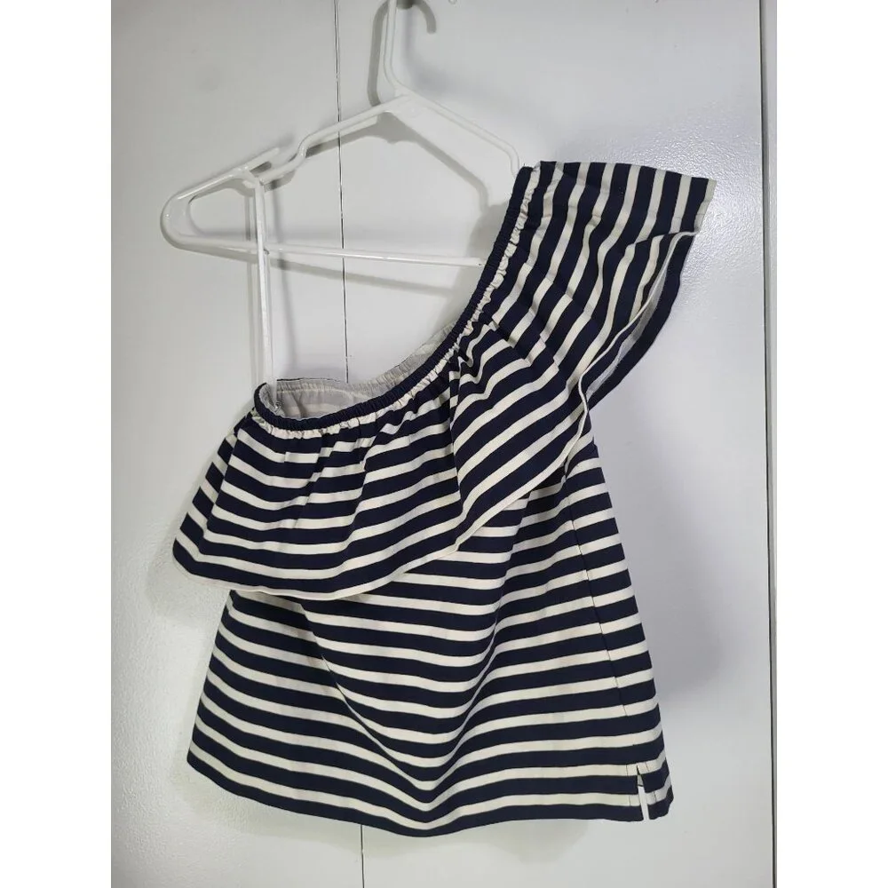J. Crew One Shoulder Striped Ruffle Top Navy Cream SZ XS Preppy Cotton Classic - Picture 3 of 10